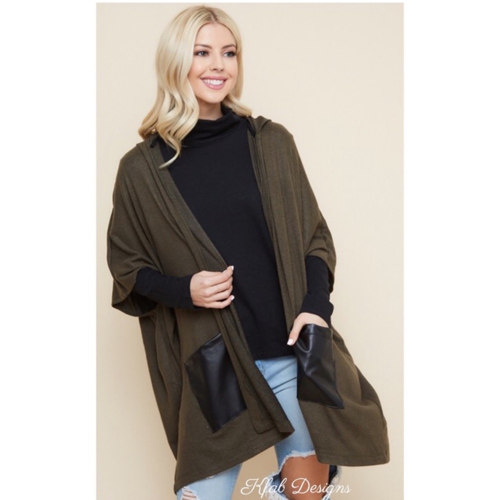 LAST 1! Olive Hooded Poncho Cardigan w/Faux Leather Pockets! - Picture 2 of 6